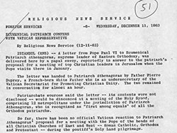 Religious News Service – Ecumenical Patriarch Confers with Vatican Representative (11 December 1963)