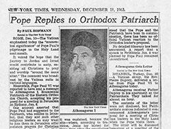 New York Times - Pope Replies to Orthodox Patriarch (11 December 1963)
